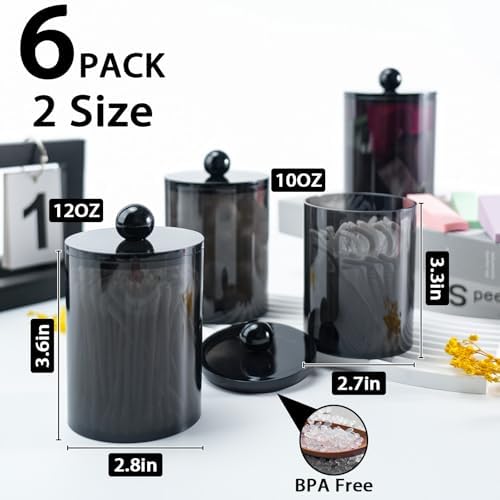 6 Pcs Acrylic Qtip Holder, Cotton Ball Holder Jars with Lids, Black