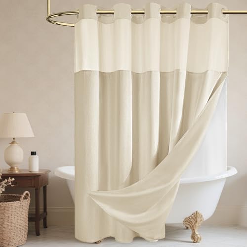 WONICY No Hook Linen Look Shower Curtain with Snap-in Liner, Cream, 71 x 80