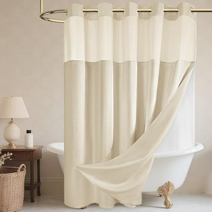 WONICY No Hook Linen Look Shower Curtain with Snap-in Liner, Cream, 71 x 80