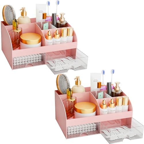 Makeup Organizer with Drawers, Cosmetic Storage for Dresser Vanity and Bathroom Countertop, Beauty Holder for Lipstick Brush, Skincare Organizer for Vanity, Cosmetic Display Case (Pink-2Pack)