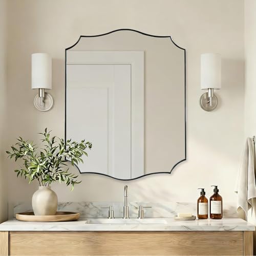 ANDY STAR 24x30 Inch Brushed Nickel Bathroom Mirror, Scalloped Mirror for Vanity, Modern Silver Mirror in Rustproof Stainless Steel Frame, Elegant Curved Scallop Design, Ideal for Home Remodel