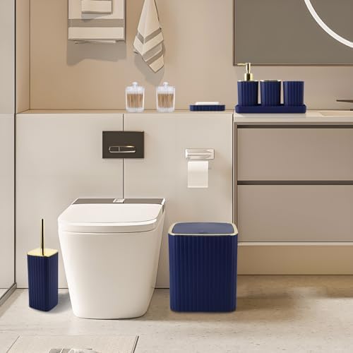 XLHOMO Bathroom Accessories Set - Gorgeous Bathroom Set, 10PC Navy Blue Bathroom Accessory Set, Toilet Brush, Trash Can, Qtip Holder & Soap Dispenser