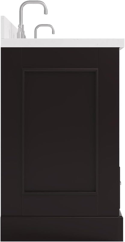 ARIEL Stafford 84-inch Bathroom Vanity with Sink,Solid Wood, 1.5in Carrara White Quartz Countertop, Double Rectangular Porcelain Sink, 4 Soft Closing Doors, 5 Dovetail Drawers, Espresso