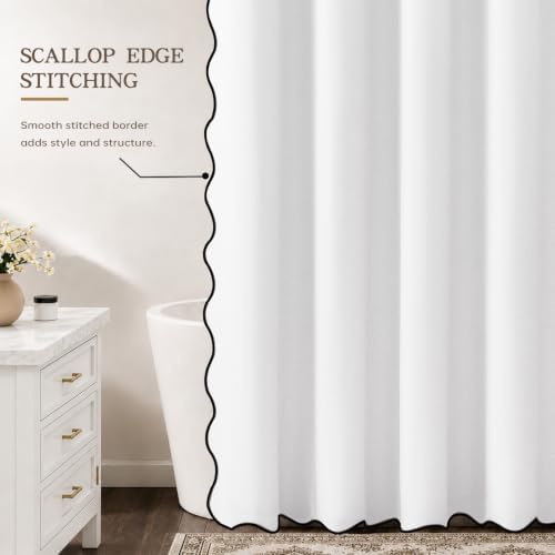 Furlinic Scalloped Linen White Shower Curtain No Hook Wide Fabric W78 x H75