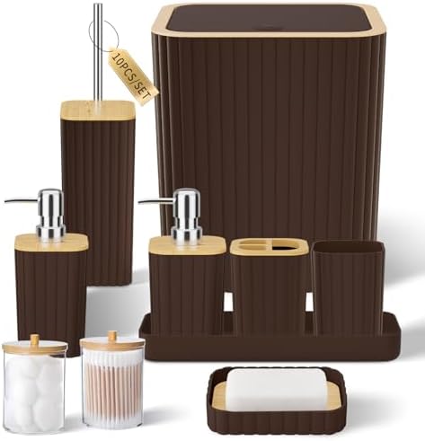 XLHOMO Bathroom Set - Elegant Brown Bathroom Set, 10PC Brown Bathroom Accessories Set, Bathroom Sets with Toilet Brush, Bathroom Trash Can