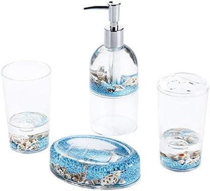 Locco Decor 4 Piece Acrylic Liquid 3D Floating Motion Bathroom Vanity Accessory Set Oceam Theme Sea Shell Conch Toothbrush Holder, Tumbler, Soap Dispenser, Soap Dish