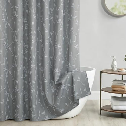 Embroidered Leaf Farmhouse Shower Curtain,Faux Linen,72Wx72L,Grey