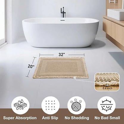 JIUZHEN Waffle Bath Mat Super Absorbent Bath Mat Non Slip Boho Bath Rugs for Bathroom Floor Machine Washable Quick Drying Bathroom Rugs with Tassels, 20" x 32", Loop-Brown