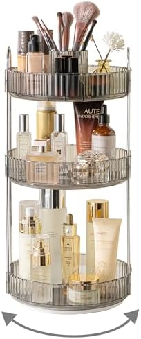 Asayuee 360 Rotating Makeup Organizer,3 Tier Large Capacity Make Up Organizers and Storage,Skincare Perfume Vanity Organizers,Bathroom Cosmetics Storage Organizer Countertop(Grey)