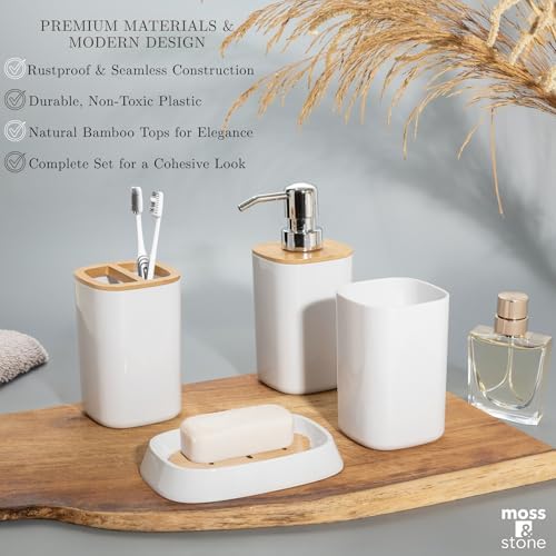 Moss & Stone 6-Pcs White & Bamboo Bathroom Accessories Set, Soap Dispenser