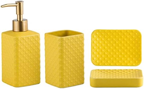 Jessie Bathroom Accessories Set, 3 or 4-Piece Ceramic Bathroom Accessory Set,Soap Dispenser,Toothbrush Holders Set,Tumbler,Soap Dish Embossed Matte Bathroom for Modern Bathrooms (Yellow 3-Piece Suit)