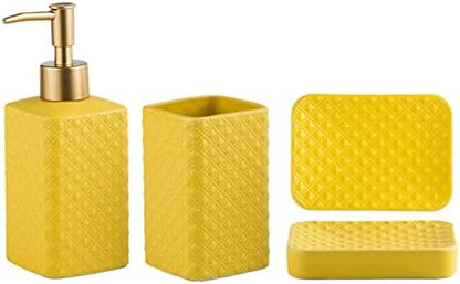 Jessie Bathroom Accessories Set, 3 or 4-Piece Ceramic Bathroom Accessory Set,Soap Dispenser,Toothbrush Holders Set,Tumbler,Soap Dish Embossed Matte Bathroom for Modern Bathrooms (Yellow 3-Piece Suit)