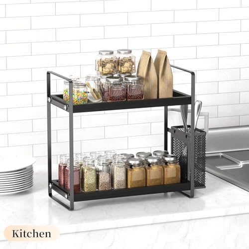 LEMIKKLE Bathroom Organizer Countertop, Counter Organizer for Bathroom Decor, Wooden Sink Shelf for Vanity Storage, Makeup Tray for Perfume Skincare Bedroom Kitchen Corner (Black)
