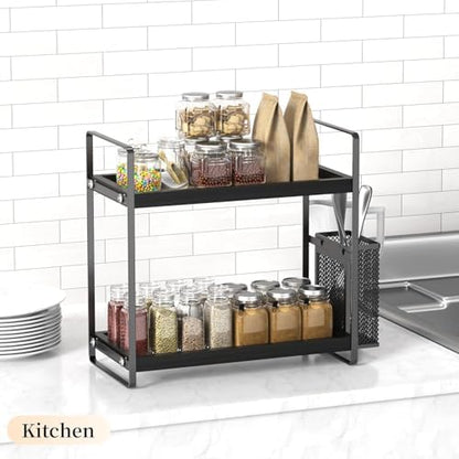 LEMIKKLE Bathroom Organizer Countertop, Counter Organizer for Bathroom Decor, Wooden Sink Shelf for Vanity Storage, Makeup Tray for Perfume Skincare Bedroom Kitchen Corner (Black)