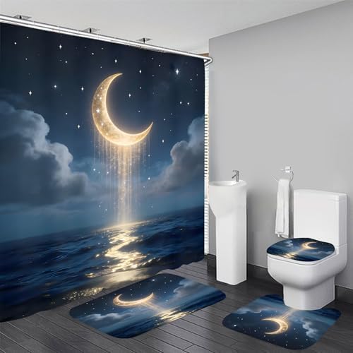 LQCOOL 4Pcs Moon Shower Curtain Set Blue and Gold Sea Bathroom Sets for Bathroom with Rugs Shower Curtain with 12 Hooks