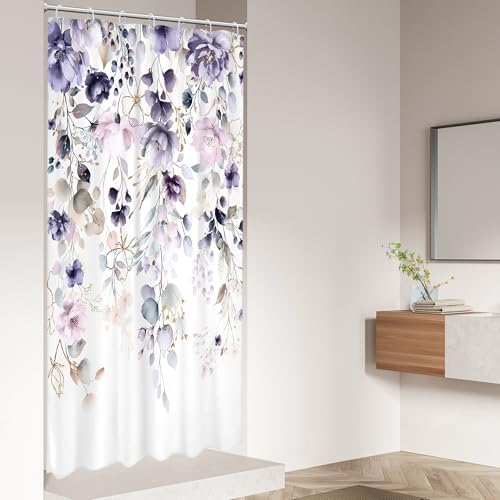 Floral Small Stall Purple Pink Leaf Bathroom Shower Curtain Set