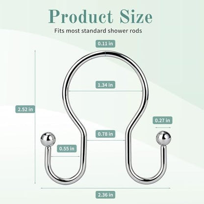 Goowin Shower Curtain Hooks, 12 Pcs Shower Curtain Rings, Stainless Steel Shower Curtain Hangers, Metal Shower Curtain Hooks Rings Rust Proof, Minimalist Shower Hooks for Shower Curtain, Chrome