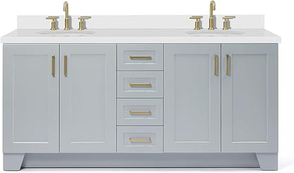 ARIEL Taylor 72-inch Bathroom Vanity with Sink,Solid Wood, 1.5-inch Pure White Quartz Countertop & Backsplash, Double Oval Porcelain Sink, 4 Soft Closing Doors, 6 Dovetail Drawers, Grey