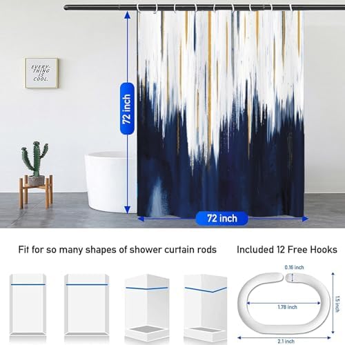 NBVKO 4PCS Navy Blue Oil Painting Style Shower Curtain Set with Non-Slip Rugs,Toilet Lid Cover and Bath Mat,Bathroom Decor Accessory Set