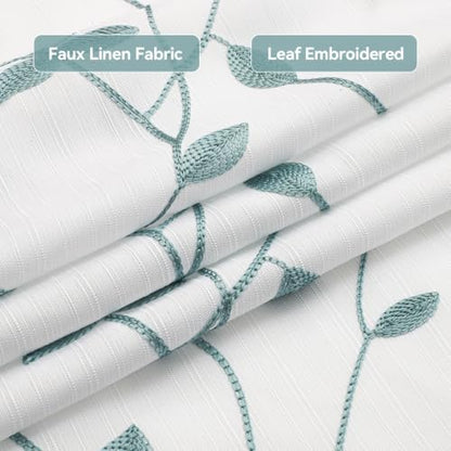 Embroidered Leaf Farmhouse Shower Curtain,Faux Linen,72Wx72L,White Teal