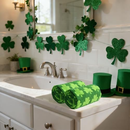 Whaline St. Patrick's Day Hand Towels Shamrock Jacquard Cotton Bathroom Towel Green Lucky Clover Absorbent Bath Towel for Kitchen Dish Drying Cleaning Cooking, 29.5 x 13.4 Inch, 2Pcs