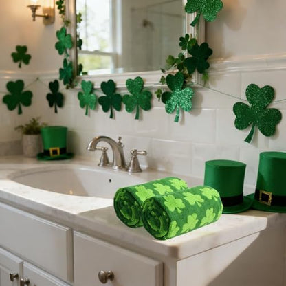 Whaline St. Patrick's Day Hand Towels Shamrock Jacquard Cotton Bathroom Towel Green Lucky Clover Absorbent Bath Towel for Kitchen Dish Drying Cleaning Cooking, 29.5 x 13.4 Inch, 2Pcs
