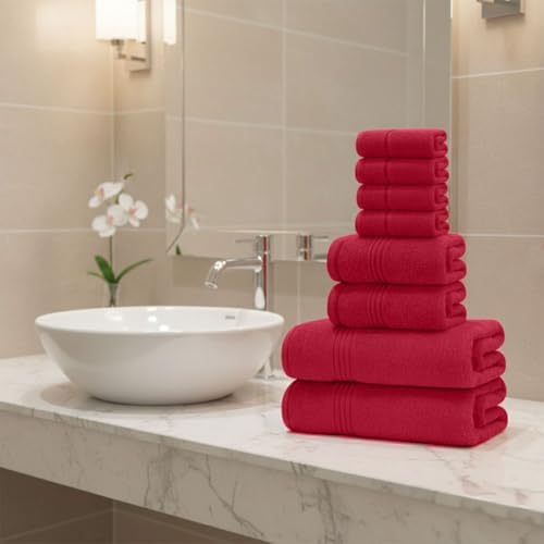 8 Piece Bath Towels for Bathroom - 100% Cotton, Soft Absorbent Bathroom Towels Set - 2 Extra Large Bath Towels, 2 Hand Towels & 4 Washcloths - Hotel Spa Thick Plush Towel, Red