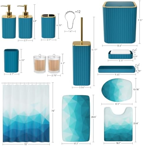 XLHOMO Bathroom Accessory Set - 26PC Bathroom Shower Curtain and Rug Set, Bathroom Accessories Set, Teal Bathroom Set with Trash Can, Toilet Brush, Qtip Holder & Soap Dispenser