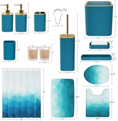 XLHOMO Bathroom Accessory Set - 26PC Bathroom Shower Curtain and Rug Set, Bathroom Accessories Set, Teal Bathroom Set with Trash Can, Toilet Brush, Qtip Holder & Soap Dispenser