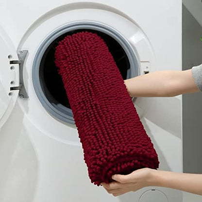 HOMEIDEAS Burgundy Chenille Bathroom Rugs Set of 3, Non Slip Bath Mat