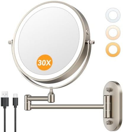 Auxmir 1X/30X Wall Mounted Makeup Mirror, 8" Rechargeable Magnifying Mirror
