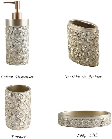 Hymmah Bathroom Accessories Set,Golden Design Toothbrush Holder,Farmhouse Bathroom Decor,4 Pcs Resin Gift Set Apartment Necessities, Contain Toothbrush Cup,Soap Dispenser,Soap Dish,Tumbler