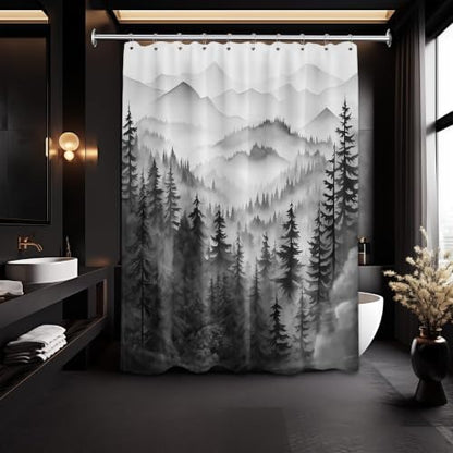 Black and White Forest Shower Curtain, 60X72 in, Mens Mountain Nature