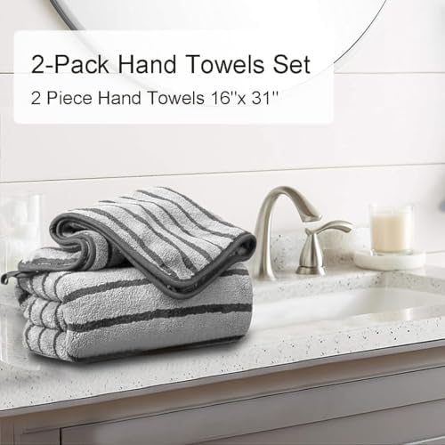 2 Piece Gray Cabana Stripe Hand Towels for Bathroom 16"x31" Ultra Soft Breathable Hand Face Towels Highly Absorbent 600GSM Towels Quick Dry Beach Chair Towel for Spa Gym Hotel Travel Camp