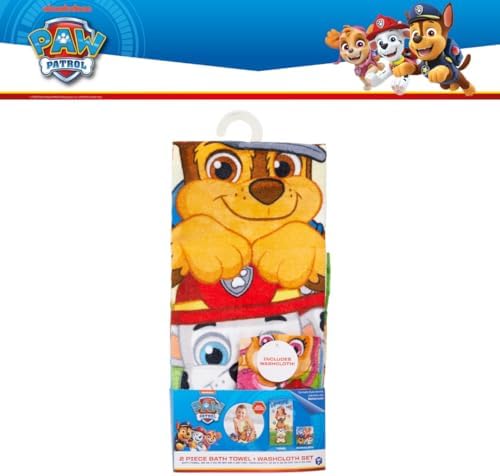 Paw Patrol Kids Bath/Pool/Beach Soft Absorbent Cotton Terry Towel with Washcloth 2 Piece Set, 50 in x 25 in, (Officially Licensed Product) by Franco