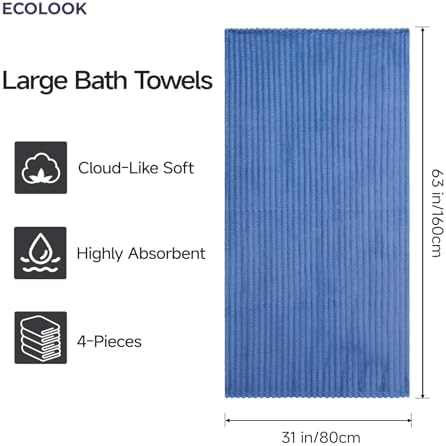 ecolook Blue Bath Towel Set of 4, 31 x 63 in, Soft and Highly Absorbent, Lightweight Microfiber Towels for Bathroom, Gym, Hotel and Spa