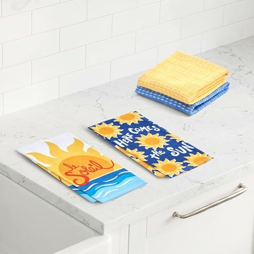Ritz 4-Piece Kitchen Towel Set, Here Comes the Sun & Le Soleil Sunset Prints with Yellow & Navy Blue Textured Terry, 100% Cotton & Absorbent Blend, 16" x 26", Coastal Summer Kitchen Decor