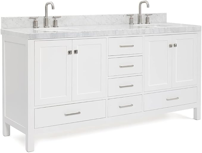 ARIEL Cambridge 72-inch Bathroom Vanity with Sink,Solid Wood, 2-inch Italian Carrara Marble Countertop & Backsplash, Double Oval Porcelain Sink, 4 Soft Closing Doors, 6 Dovetail Drawers, White