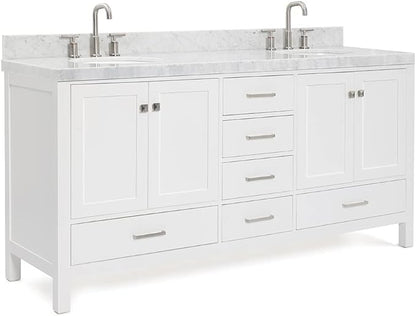 ARIEL Cambridge 72-inch Bathroom Vanity with Sink,Solid Wood, 2-inch Italian Carrara Marble Countertop & Backsplash, Double Oval Porcelain Sink, 4 Soft Closing Doors, 6 Dovetail Drawers, White