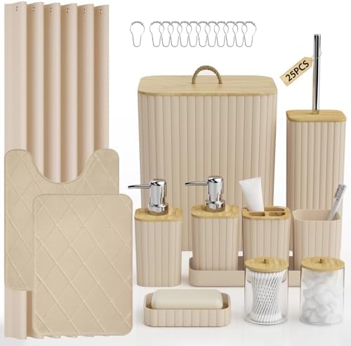 Bathroom Accessory Set - 25PC Bathroom Sets with Shower Curtain and Rugs, Beige Bathroom Set, Bathroom Accessories Set, Shower Curtain Sets with Rugs, Trash Can & Soap Dispenser