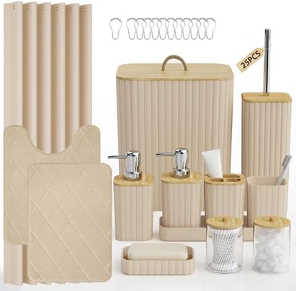 Bathroom Accessory Set - 25PC Bathroom Sets with Shower Curtain and Rugs, Beige Bathroom Set, Bathroom Accessories Set, Shower Curtain Sets with Rugs, Trash Can & Soap Dispenser
