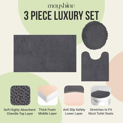 Standard 3pc Set Chenille Bath Mats, Includes 21"x24" U-Shaped Contour Toilet Rug, 21"x34" Inches Bathmat and 1 Toilet Lid Cover, Plush Absorbent Bath Mats Quick Dry, Charcoal Gray
