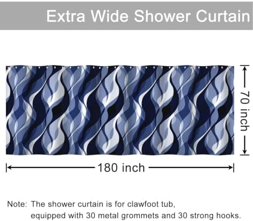 Navy Blue Striped Clawfoot Tub Shower Curtain 180x70 inch 30 Hooks