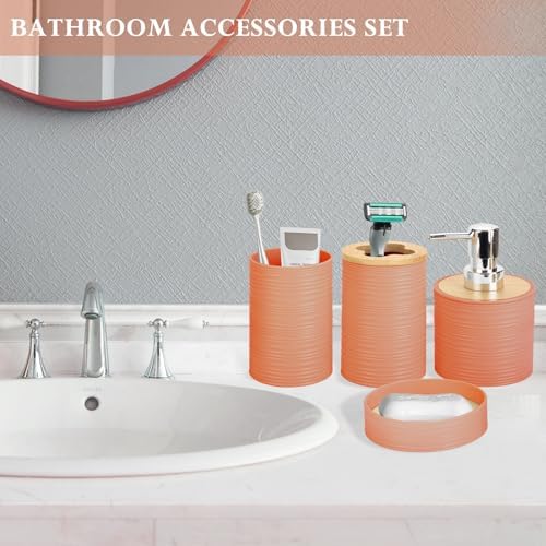 RRM 4 Piece Bamboo Bathroom Accessories Set, Boho Bathroom Decor, Orange