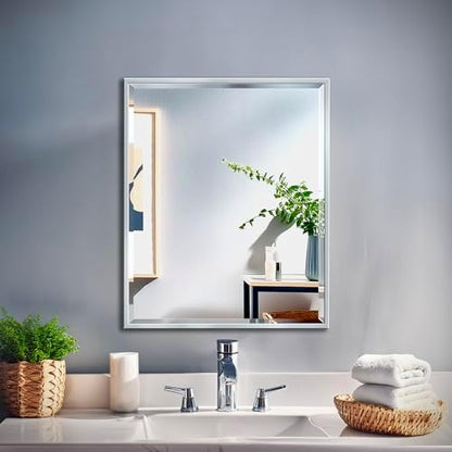 Gatco 1823 Bathroom Wall Mirror, 25" H x 21" W Modern Mirror for Living Room, Vanity, Slim Design Beveled Framed Rectangle Chrome - Hangs Horizontal or Vertical with Easy Mount Safety Bracket