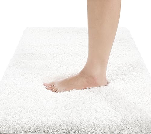 Yimobra Fluffy Plush Bath Rug, Super Shaggy Soft Comfortable Non Slip, Water Absorbent Microfiber Bath Mat, Dries Quickly, Machine Washable Thick Bathroom Rugs for Shower, 56" X 24", Off White