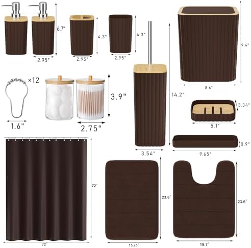 XLHOMO Bathroom Accessories Set - 25PC Brown Bathroom Set, Bathroom Set with Shower Curtain and Rugs, Brown Shower Curtain Set, Toilet Brush, Bathroom Trash Can