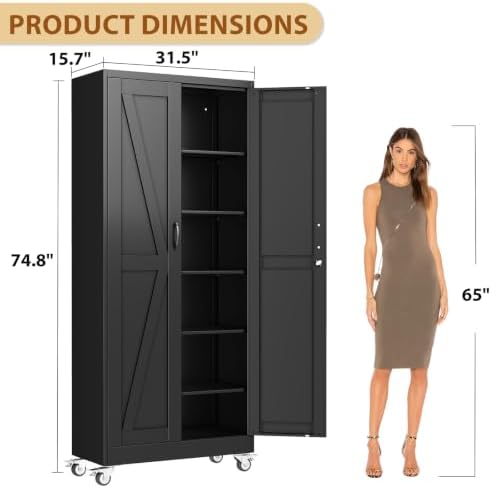 75" Metal Garage Storage Locker Cabinet with Wheels,Rolling Black Farmhouse Kitchen Pantry Cabinet with 2 Doors and 5 Adjustable Shelves, Steel File Tool Cabinet for Home Office Warehouse