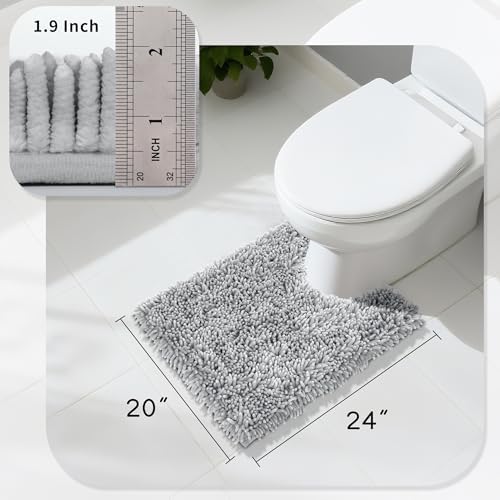 Yimobra Toilet Rugs U Shaped Washable, Extra Thick Soft Absorbent Chenille Contour Bathroom Rugs for Toilet 24x20 Inch, Quick Dry Non Slip Toilet Mat for Bath Floor, Light Grey