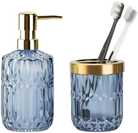 Glass Bathroom Toothbrush Holder and Soap Dispenser Set, Blue